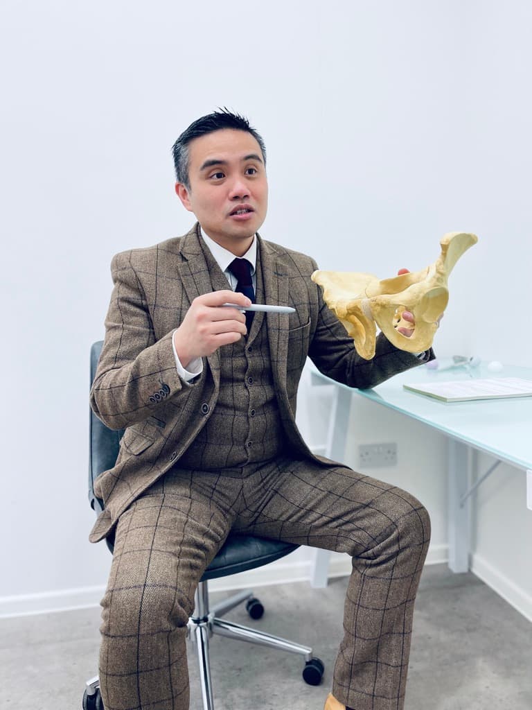 Professor Paul Lee demonstrating with an anatomical pelvis model.